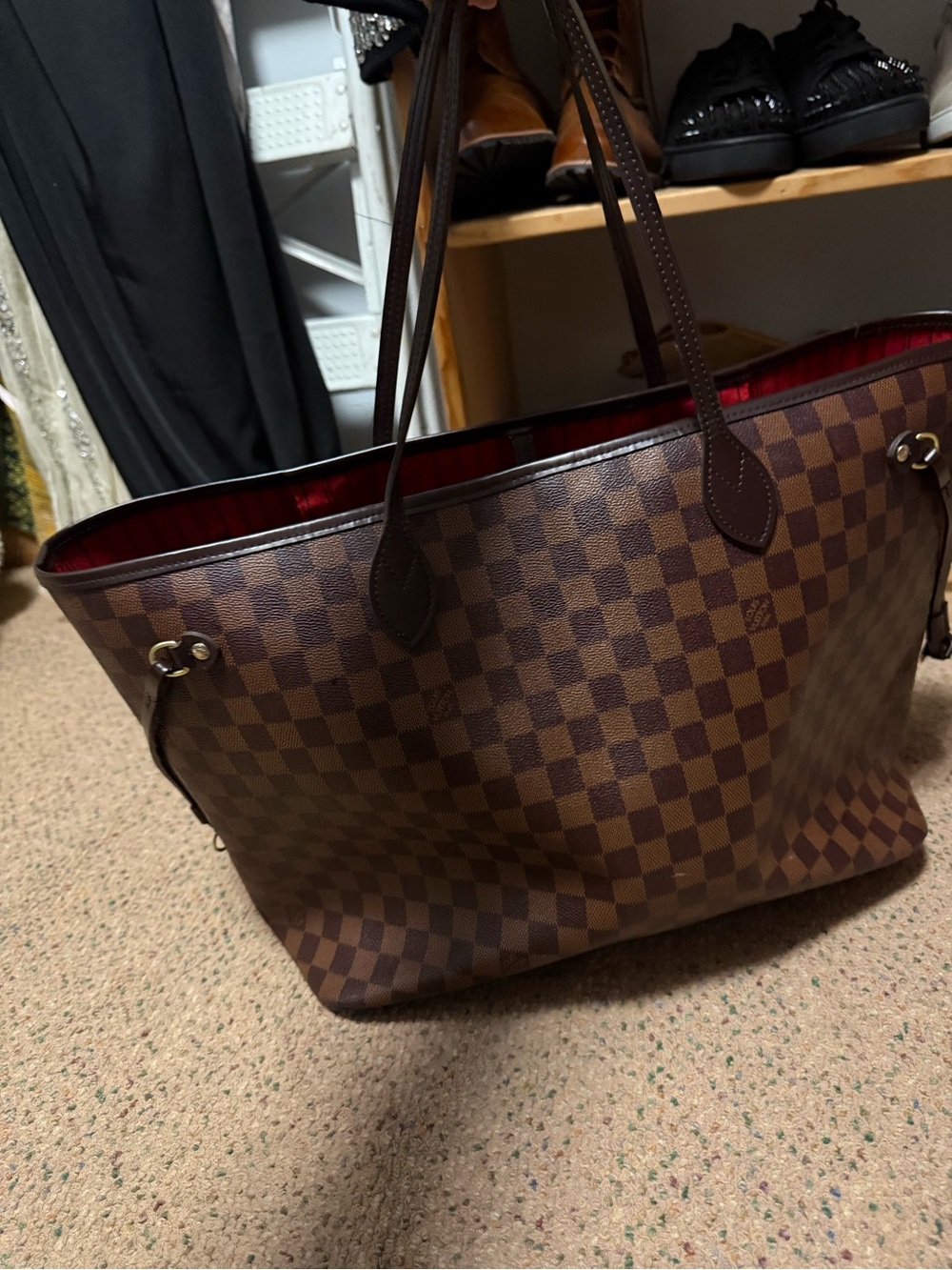 Checkerboard Tote Bag in Brown with Red Interior - Picture 5 of 6